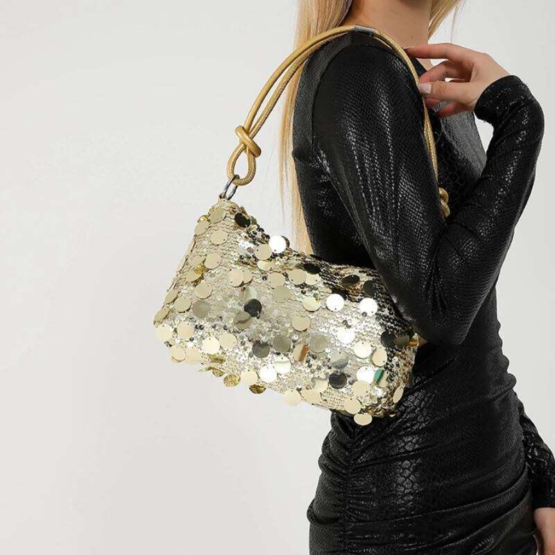 Retro Sequined Design Women's Shoulder Bags Solid Color Cool Hot Girls Phone Underarm Bag Simple Portable Ladies Handbags Purse Y260205