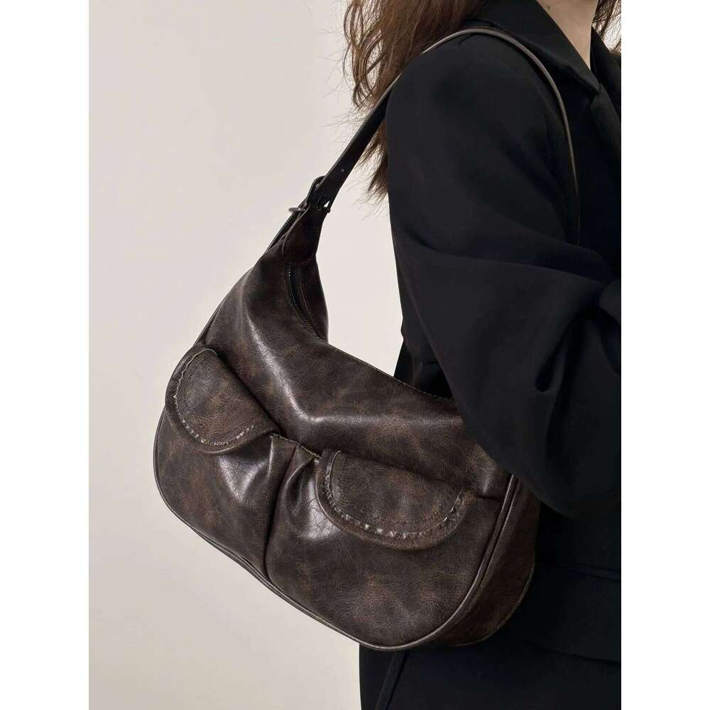 Maillard Style Women's Underarm Vintage Fashion Shoulder Bags Ladies Pu Leather Handbags Thread Female Crossbody Bag Purse Y260205