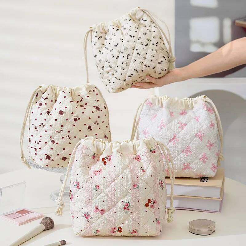 Storage Organizer Floral Bow Cotton Makeup Flower Printed Pouch Large Travel Cosmetic Make Up Bag Y260206