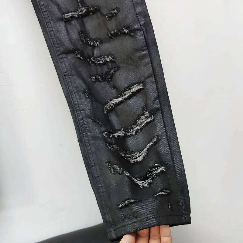 High Street Men's Black Glue Greatly Damages Pants Brush Wax Coating Torn Holes Wash Water Slim Streetwear Fit X260207 - view 6