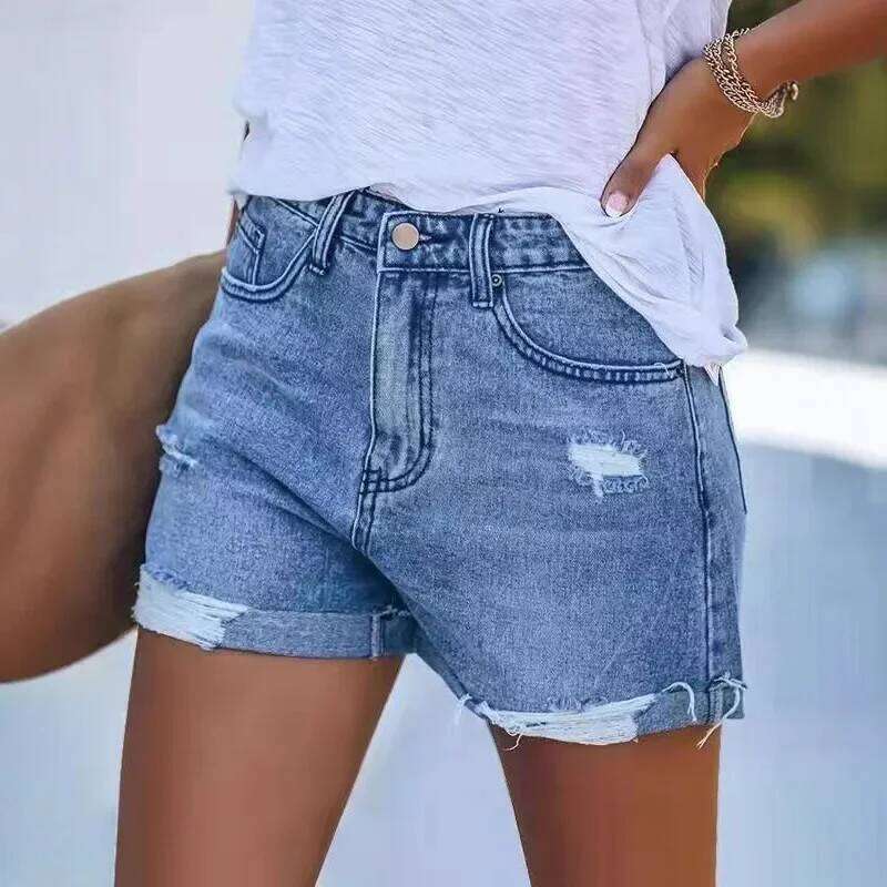 Urban Commuter Washed Ripped Denim Shorts.New Summer Fashion Straight-leg Rolled Edge Casual and Mid-waist Short Jeans for Women XJ260206