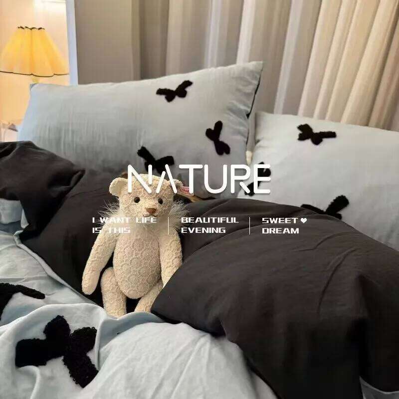 Light Luxury New Blue Bow Quilt Cover Washed Embroidered Sheet Sour-Piece Set Bedding Dormitory Bed Girls Soft and Warm XJ260206
