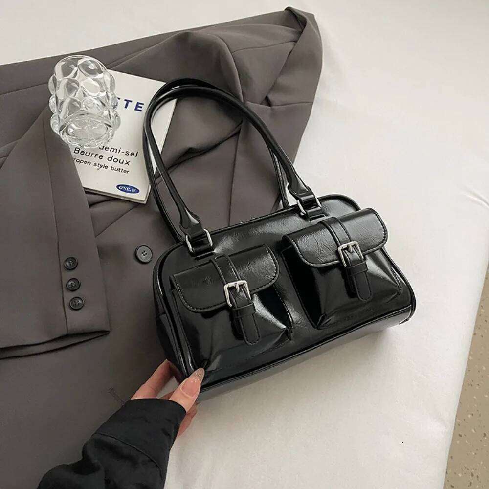 Korean PU Bowling Handbag Minority Design Pocket Boston Tote French Style Solid Color Underarm Bag Portable Y260205