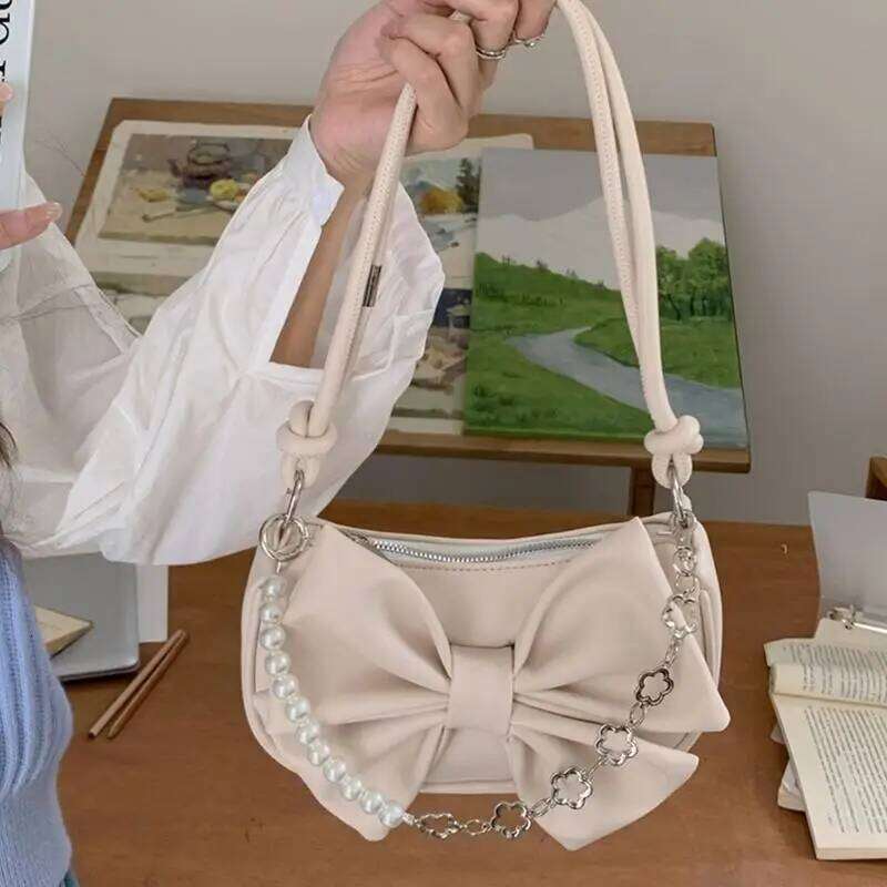 Q1QA Women Bags Pearl Chain Shoulder Bowknot Underarm Bag PU Leather Handbag Y260205