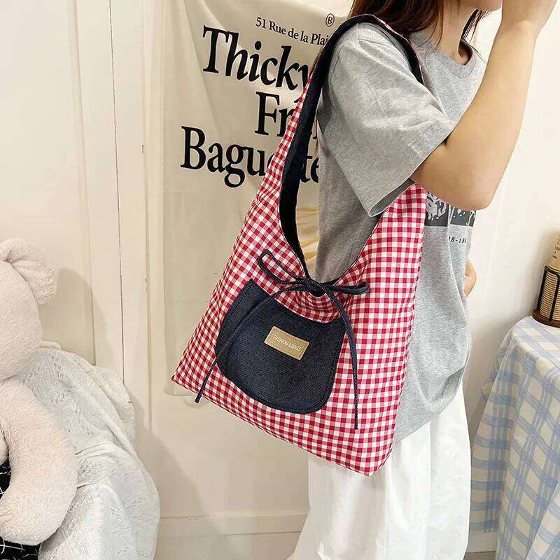 Double Sided Nylon Women's Shoulder Bags Large Capacity Plaid Ladies Tote Underarm Bag Threaded Simple Bow Casual Female Handbag Y260205
