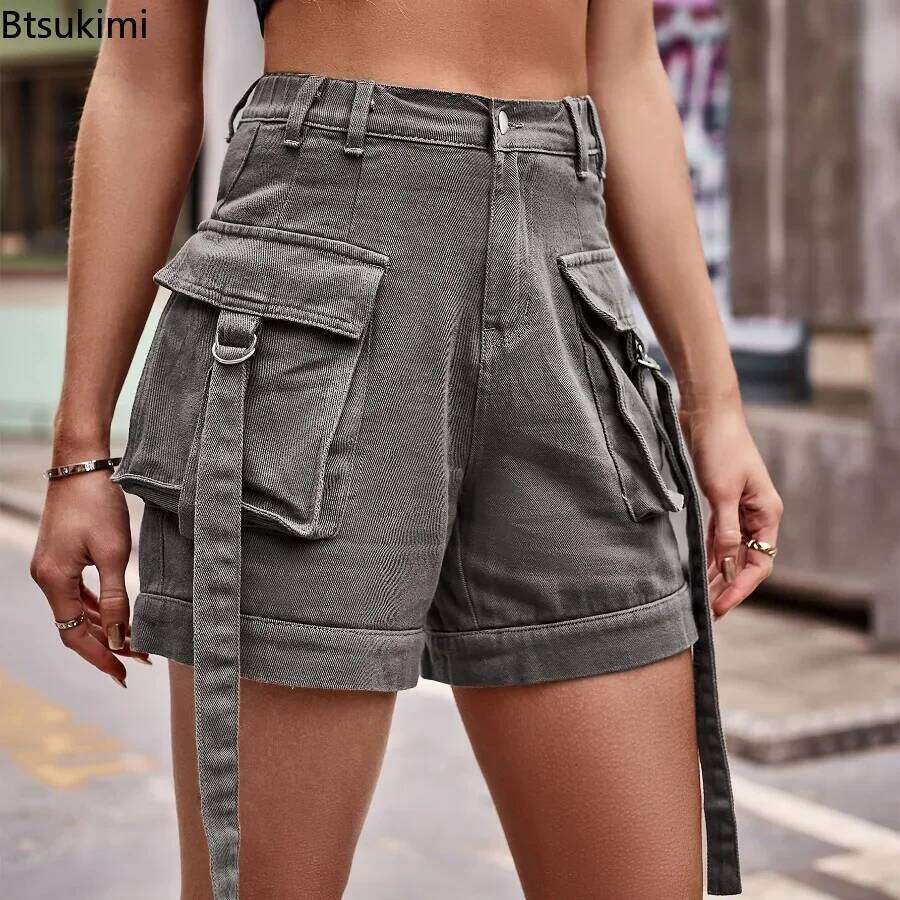 New 2026 Women's Summer Jeans High Waisted Wide Leg Pants Korean Pockets Design Casual Women Denim Shorts XJ260206
