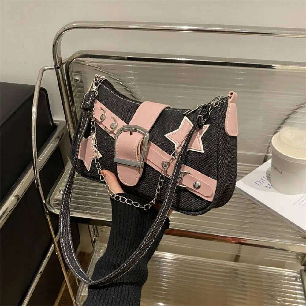 Y2k Women's Handbags Stars Pattern Cool Girls Underarm Bag Fashion Female Small Shoulder Bags Chain Tote Purses Y260205