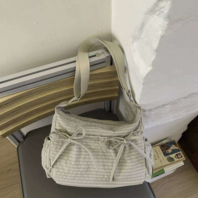 Korean-Style Nylon Lightweigh Retro Grid Single Shoulder Bag Large Capacity Versatile for School Work Commuting Unisex Design Y260205