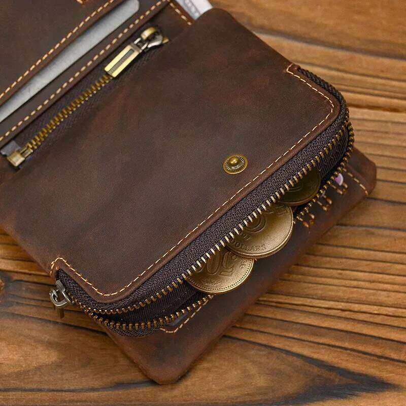 New Vintage Crazy Horse Leather Wallet, Zipper Coin Pocket & Snap Closure, Multi-Card Bifold with RFID Blocking Y260206