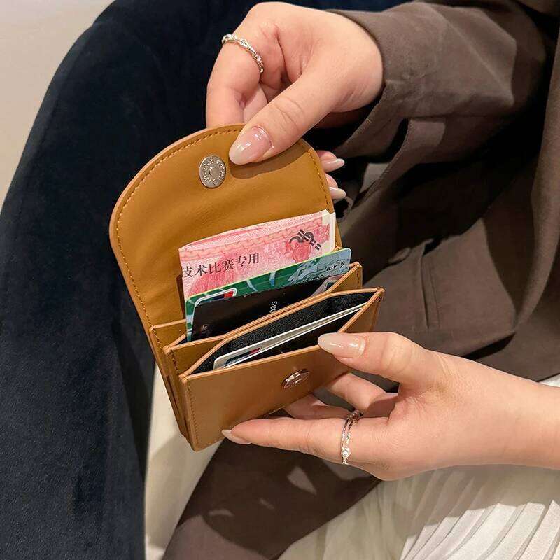 Ladies Small Brown PU Leather Wallet Envelope Clutch Purse with Flip Cover Fashion Minimalist Card Holder Gift for Her Y260206