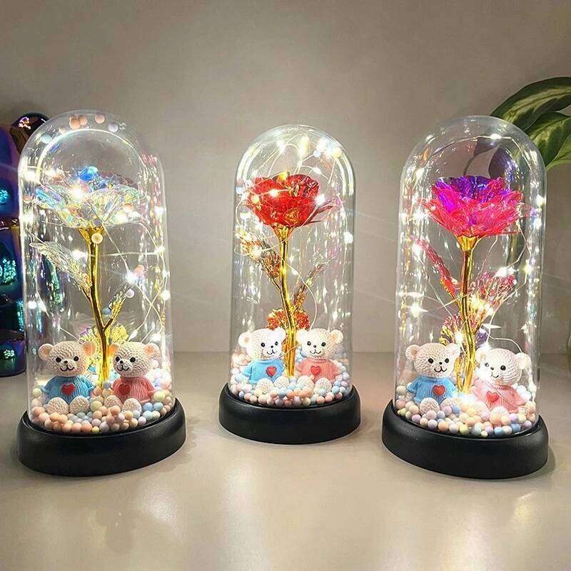 2026 Glowing Galaxy with LED Light Eternal Double Rose Valentine's Day Gifts Wedding Artificial Flower Home Desktop Decor S260204
