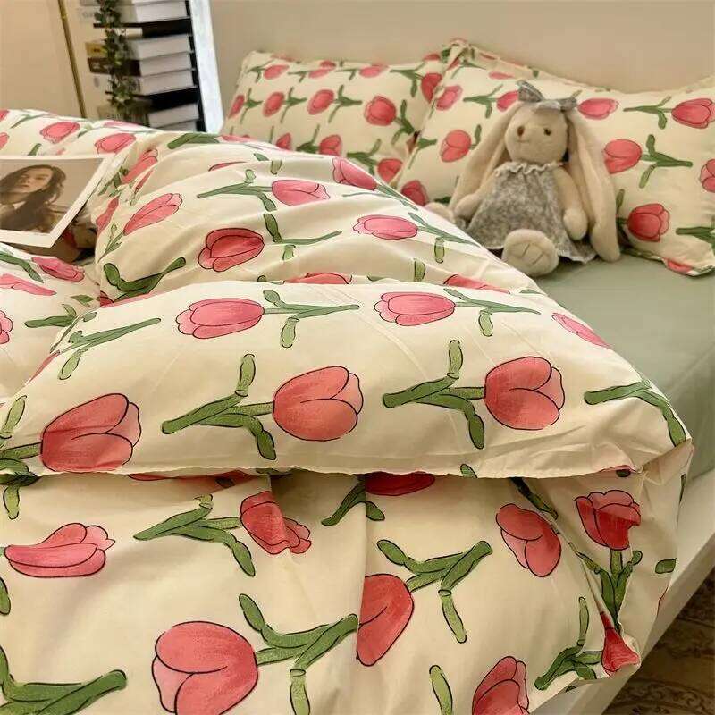 Cute Rabbit Bedding Set Ins Style Floral Duvet Cover No Filler Pillowcases Flat Sheet Single Full Size Girls Bed Linens XJ260206