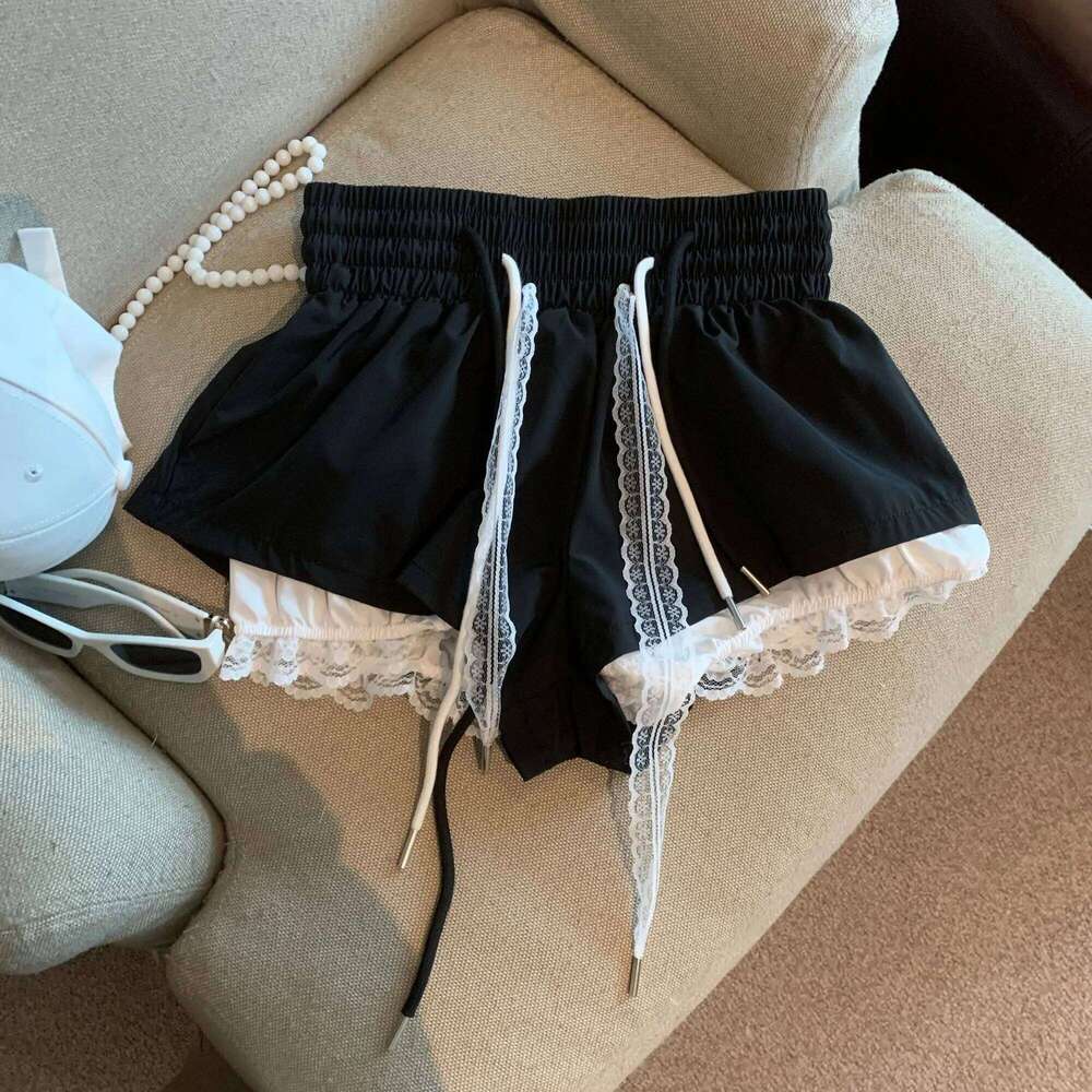 Women's Patchwork Fake Two-piece Lace High Elastic Waist Drawstring A-shaped Casual Shorts Pants XJ260206