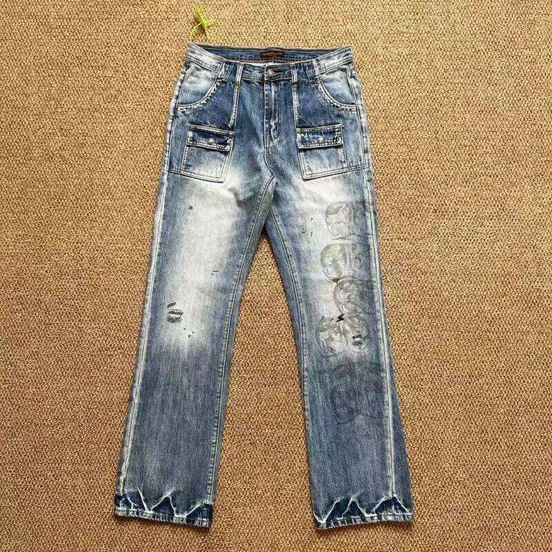 Undercover Multi Personality Face Portrait Print Jeans Men Women Unisex Washed Distressed Hole Damaged Burr Micro Flared Pants 26L0507