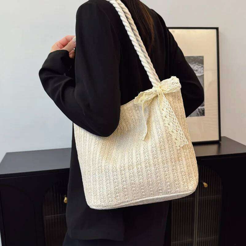 Summer Fashion Lace Ribbon Women Straw Shoulder Bags Large Capacity Handbags Casual Commuter Ladies Armpit Bag Tote Y260205