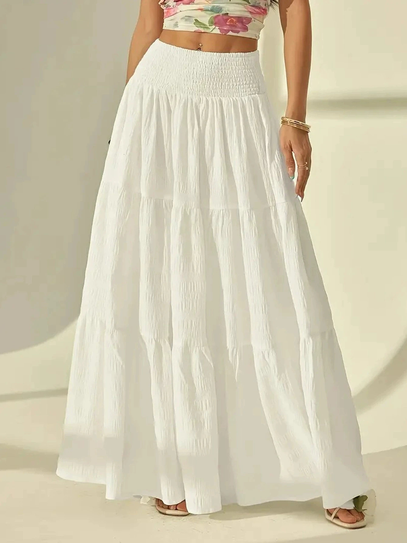 Women Fashion Tiered Maxi Skirt Elastic Waist Casual Solid Color Aline Faldas Mujer Holiday Streetwear Long Jupes 260202