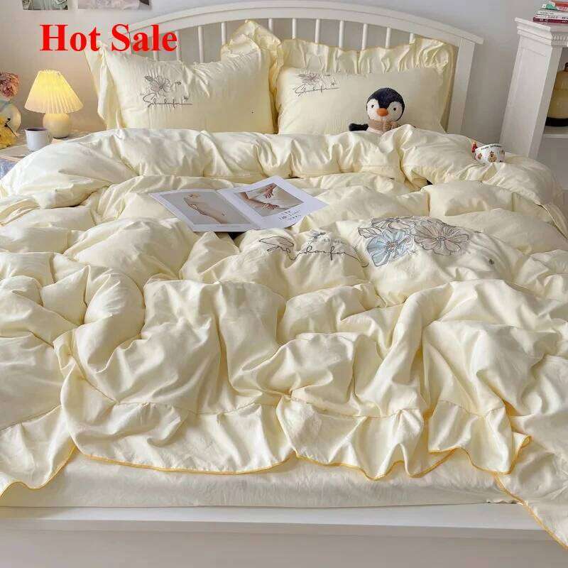 2025 lace embroidery small fresh and cute girl heart four-piece set washed cotton summer sheet quilt cover bed hat XJ260206