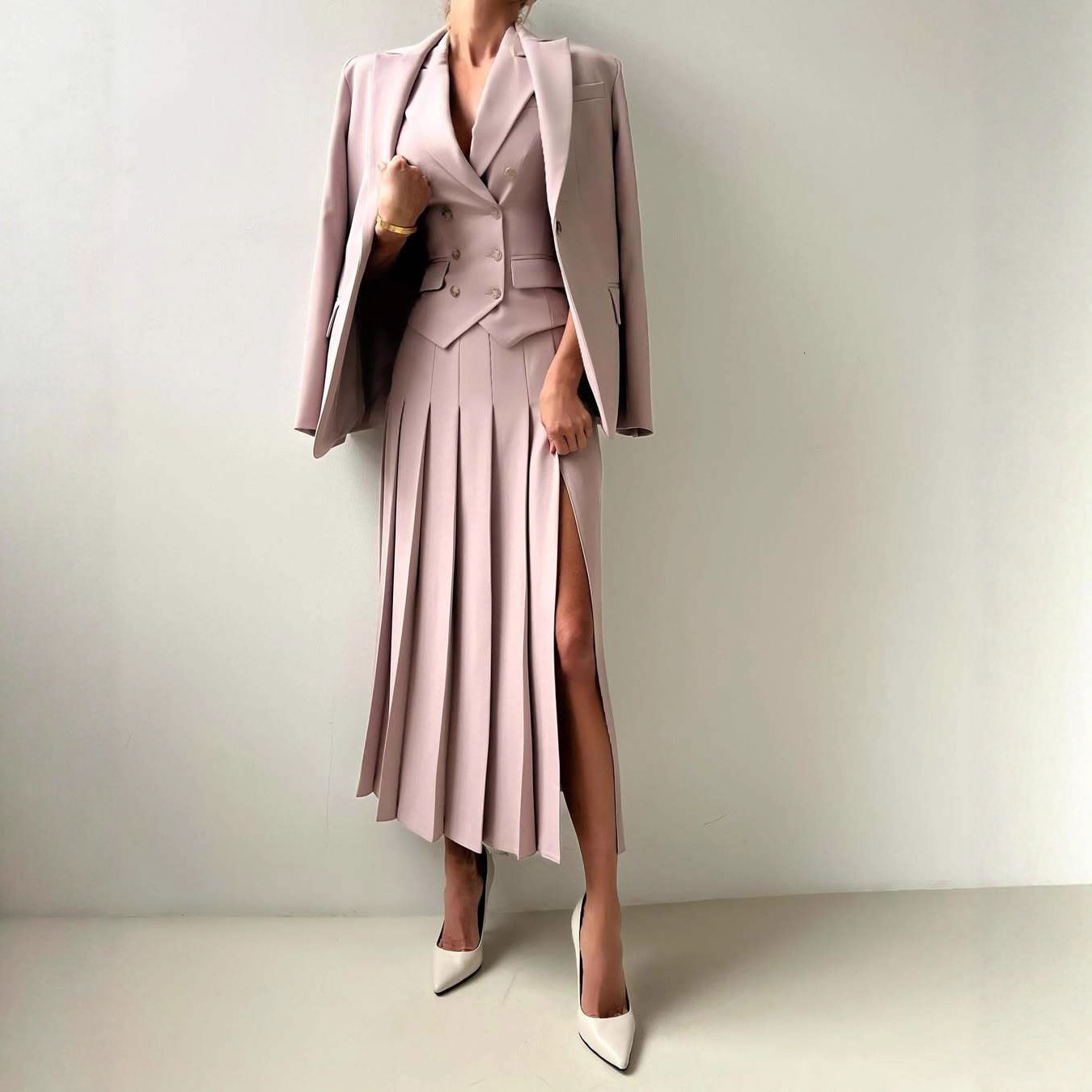 3pcs Women Elegant Work Casual Business Suit Set Fitted Vest for SpringSummer Pleated Midi Skirt Suitable for Office Lady 260109