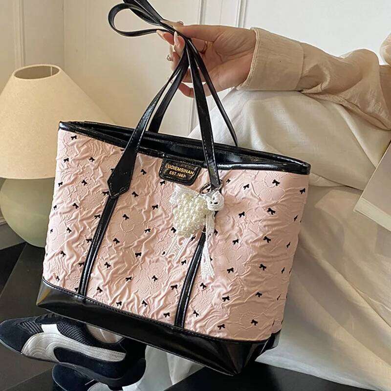 Korean Style Pink Bow Tote for Girls 2025 Large Capacity Shopper Versatile Commuter Casual Shoulder Bag Trendy Minimalist Y260205