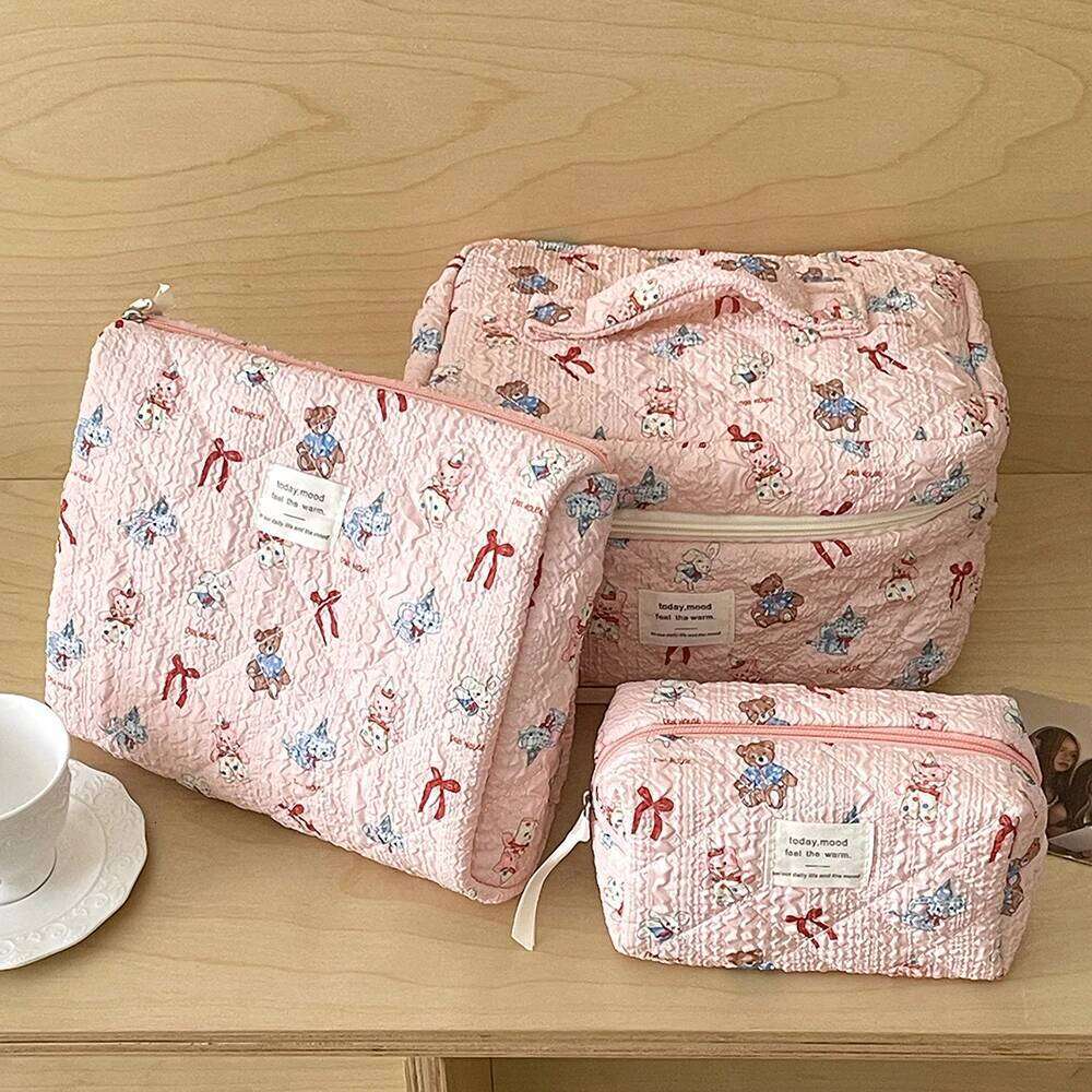 Cute Pink Girls Cartoon Makeup Portable Tote Cosmetic Pouch Handbag Women Personality Ladies Make Up Quilting Zipper Bag Y260206