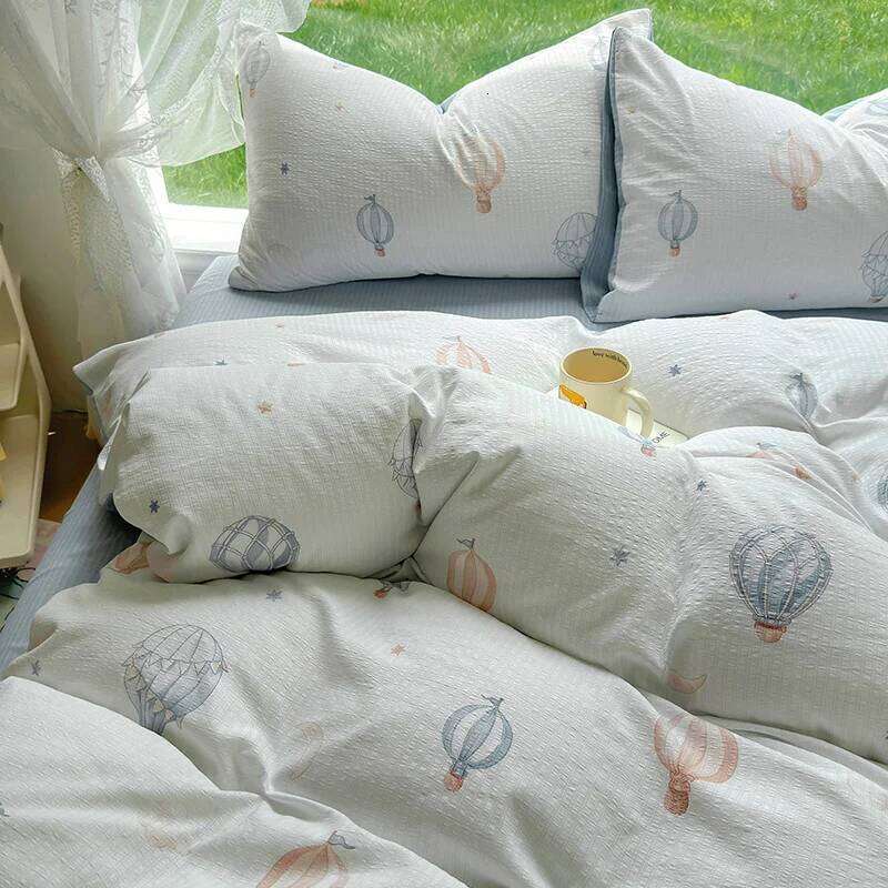 Cartoon Hot Air Balloon Duvet Covers Set, Modern Room Decor Double Layer Yarn Bedding Sets Flat Sheet 4 Pieces for Kids Teens XJ260206