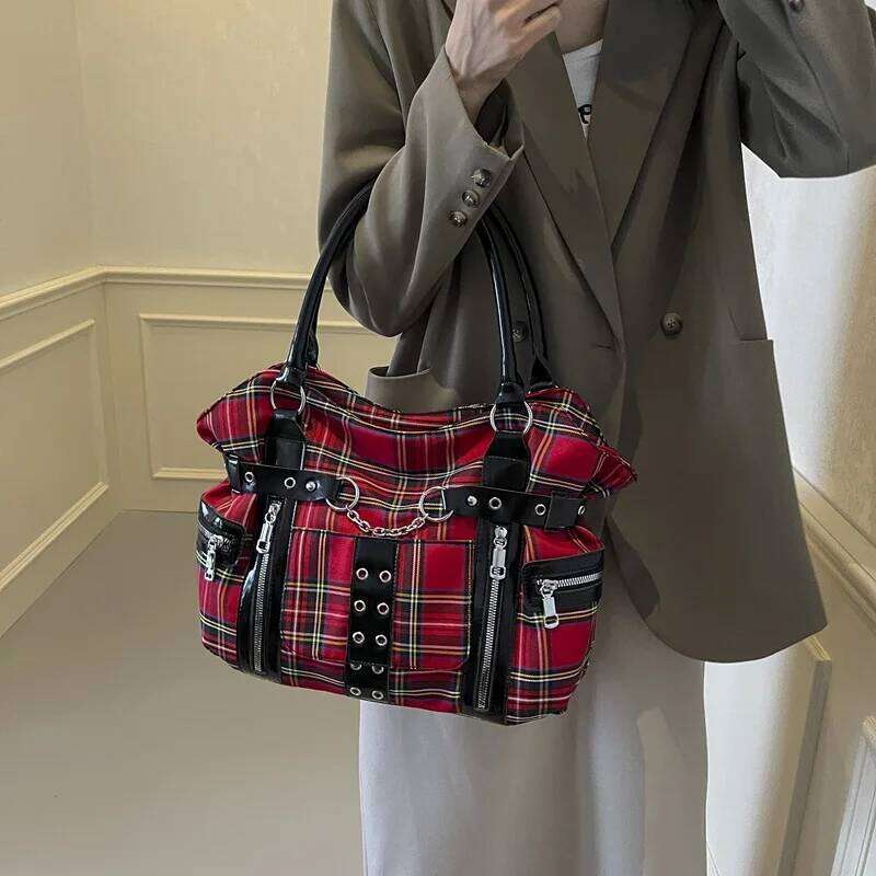 Dark heavy rivet Tote niche design large capacity plaid single shoulder crossbody trend motorcycle bag Z260207 - view 3