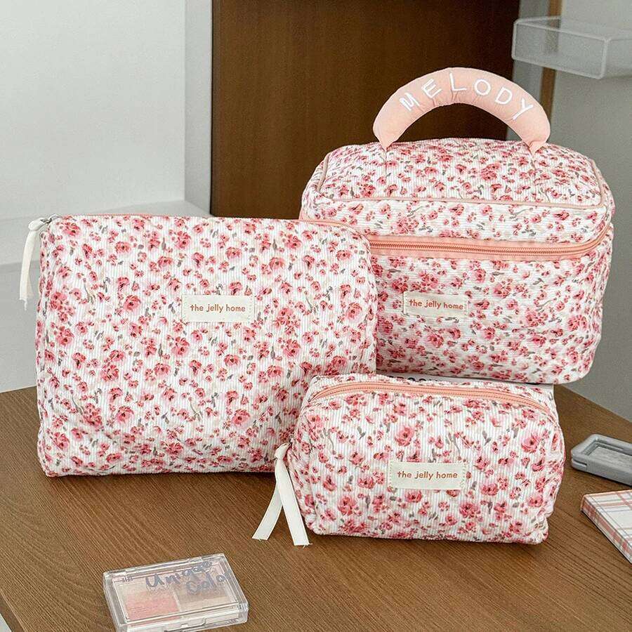1pc/set floral quilted multifunctional large capacity travel makeup bag, cute portable toiletry bag set Y260206