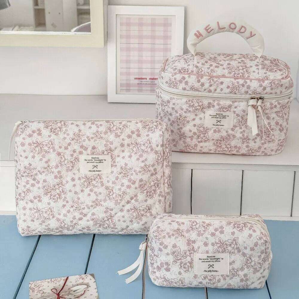 New Three-piece Set Women Vintage Floral Cosmetic Tote Large Capacity Makeup Storage Pouch Womens Clutch Bag Handbag Gift Y260206