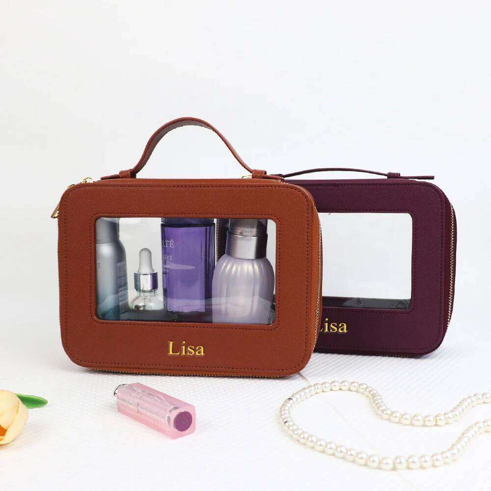 Customized name leather waterproof makeup brush bag, portable transparent PVC TPU storage bag Y260206