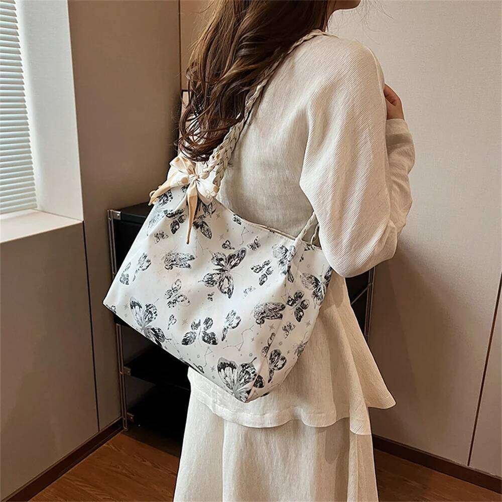 Summer Large Capacity Shoulder Bag Butterfly Print Casual Tote Bags Fashionable Student Commuter Handbag with Ribbon 2025 New Y260205