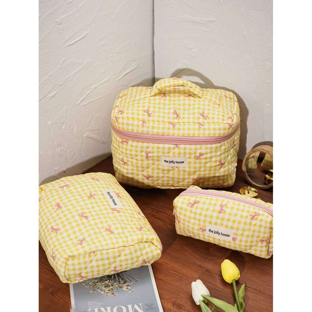1pc/set Yellow Plaid Quilted Cute Bowknot Bag, Portable Toiletry Set with Zipper, Handheld Makeup Bag Y260206