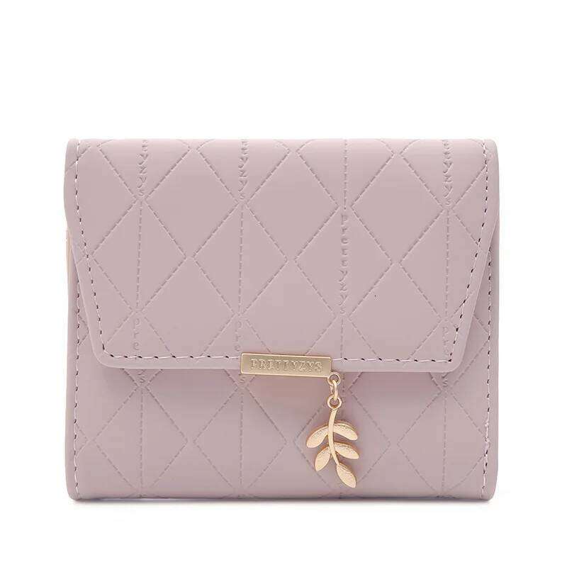 Purse women's short 2024 Japan and South Korea small fresh diamond lattice leaf pendant buckle folding three-fold bag multi-card Y260206