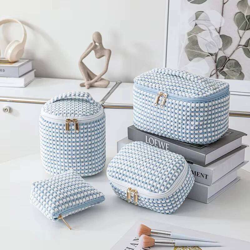 Women's Plush Make Up Bags Plaid Zipper Bag Case Portable Cosmetic Organizer Storage Pouch Y260206