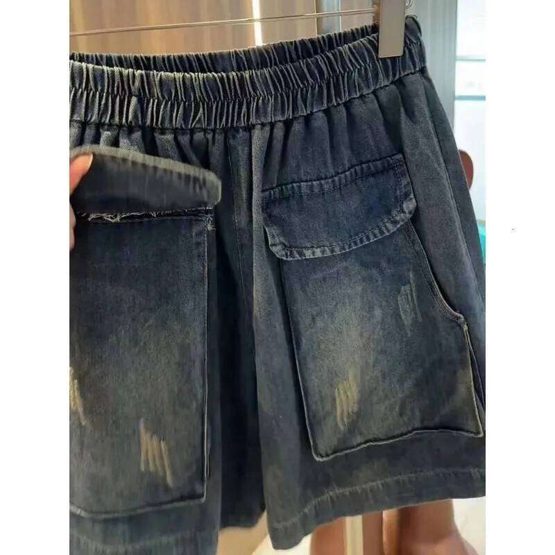 Women's Dark Wash Denim Elastic Waist Distressed Loose Fit Casual Daily Summer Shorts XJ260206