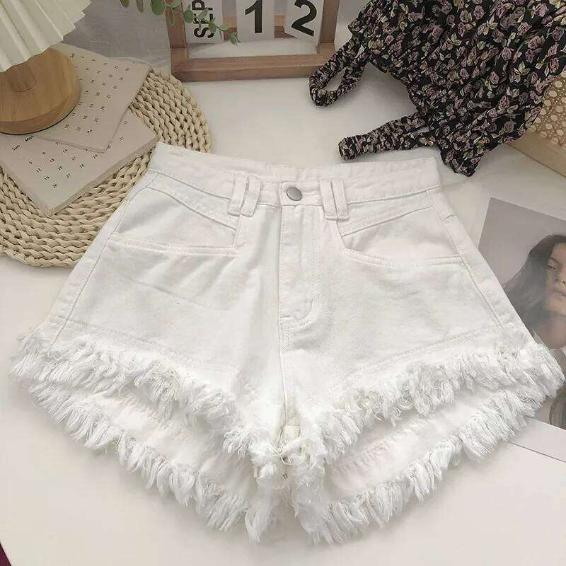 2026 Summer New Women's High Waist Tassel Denim Jeans Ruffled Fringe Perforated Hot Pants Shorts XJ260206