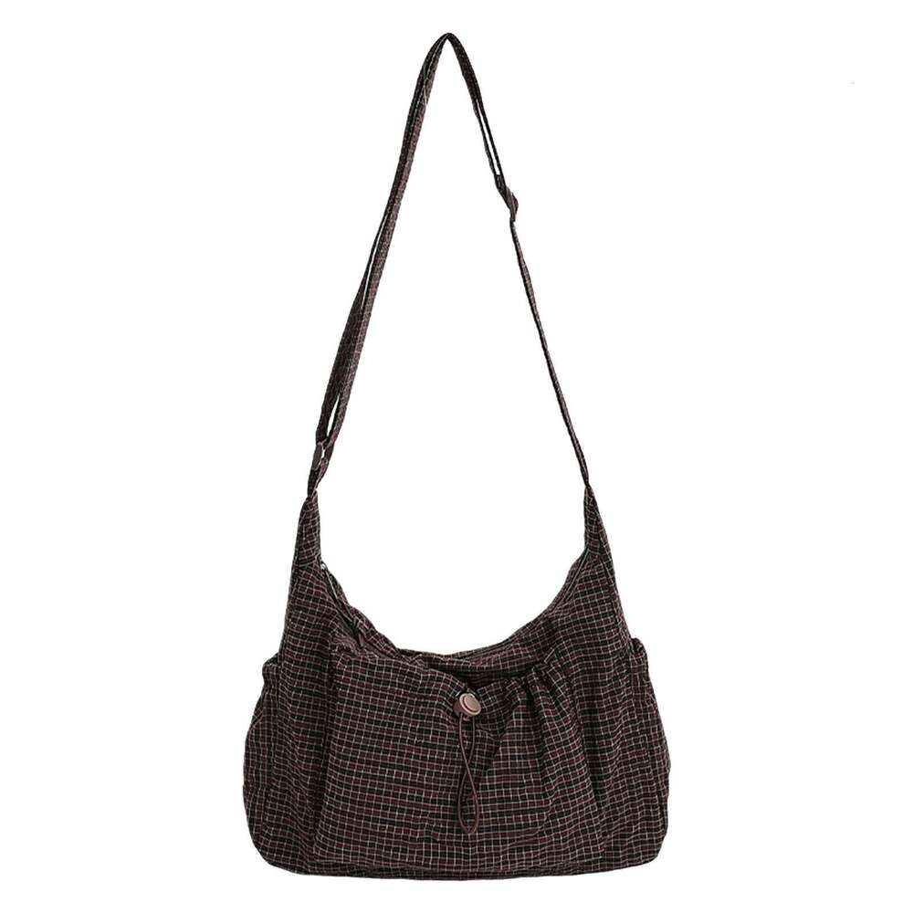Women Checkered Sling Nylon Drawstring Crossbody Large Capacity Pleated Cloud Shoulder Bag Shopping Date Handbag Y260205