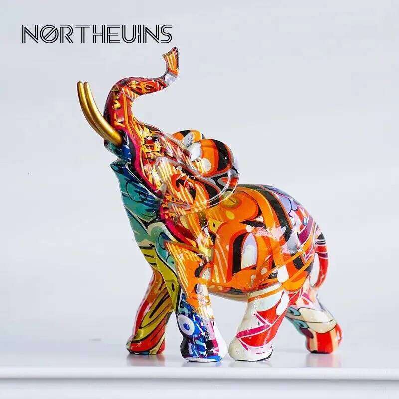 Resin Colorful Transfer Printed Elephant Figurines Modern Art Ornaments Animal Feng Shui Home Interior Office Decor Accessories S260204