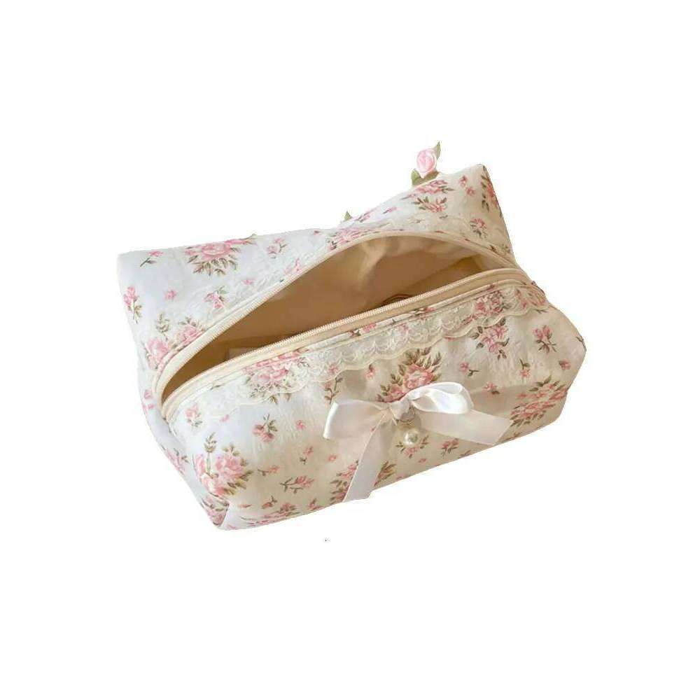 1PC Pink Ladies' makeup bow floral bag, Sweet girls' skin care products storage bag Y260206