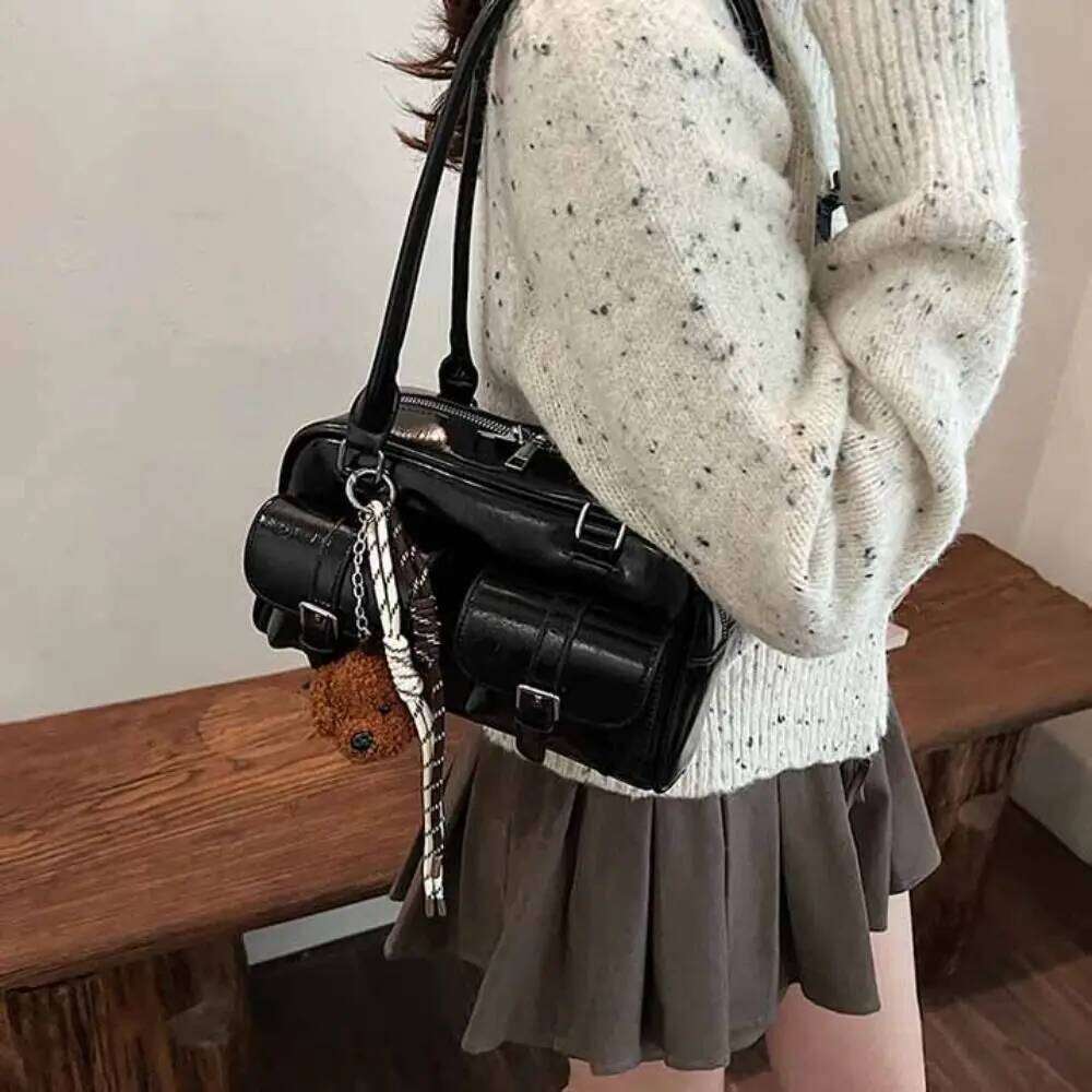 Korean PU Bowling Handbag Minority Design Pocket Boston Tote French Style Solid Color Underarm Bag Portable Y260205