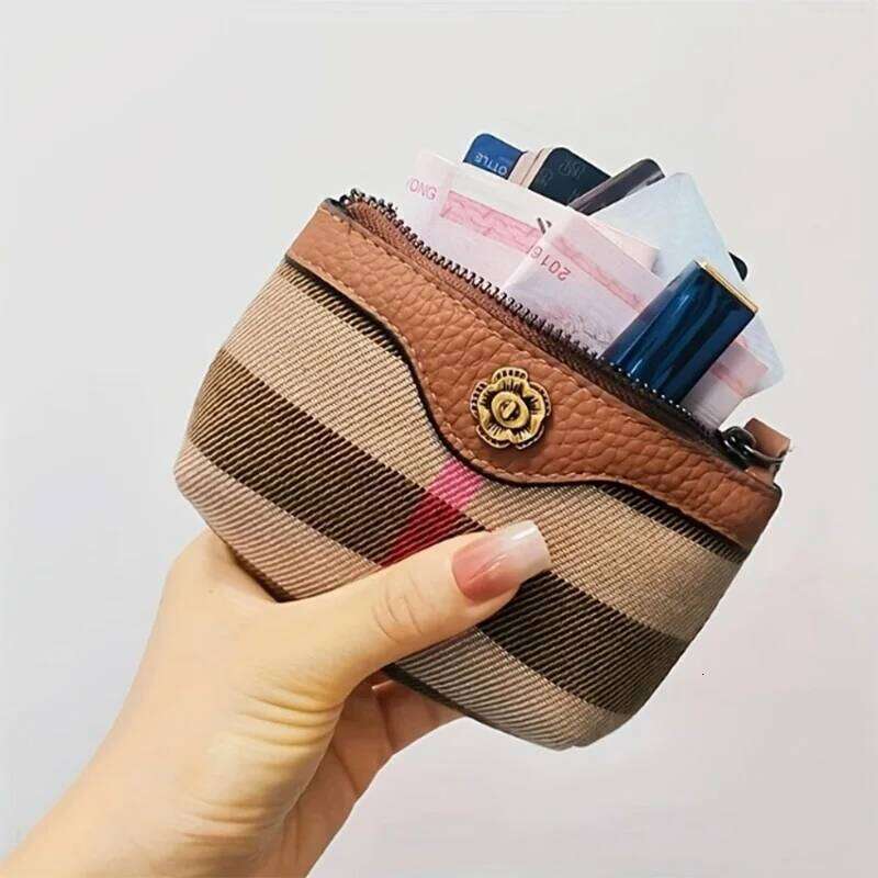Stylish Womens Zipper Coin Purse - Compact Genuine Leather Wallet with Brown & Beige Striped Design, Perfect for Coins, Keys Y260206