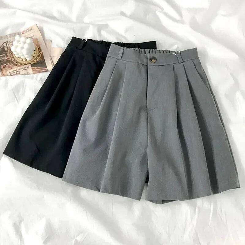 Casual High Waist Wide Leg Suit Women Korean Fashion Loose Solid Summer Office Ladies Black Thin Shorts XJ260206