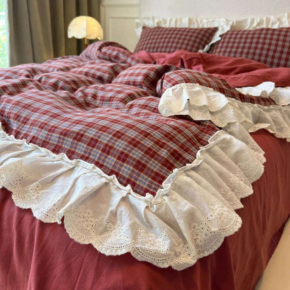 Plaid Bedding Vintage Lace Ruffles Duvet Cover Flat Sheets 2 Pillowcases Single Twin Full Queen Size Bed Set 3/4Pcs XJ260206
