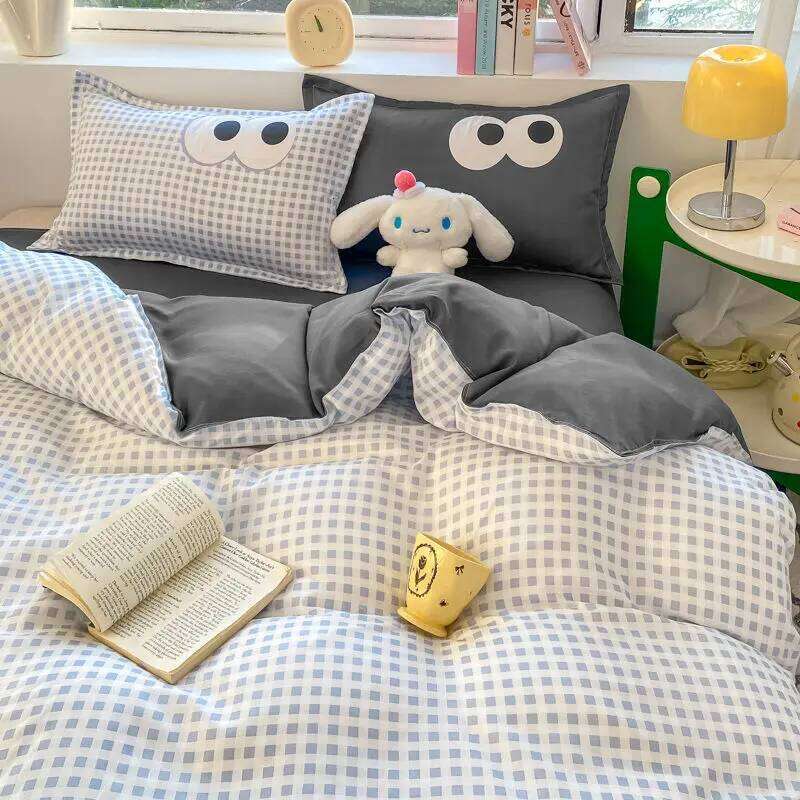 Cute Korean Style Duvet Cover Set No Filler Green Pink Mix Color Flat Sheet Pillowcases Polyester Twin Queen Size Bed Linens XJ260206