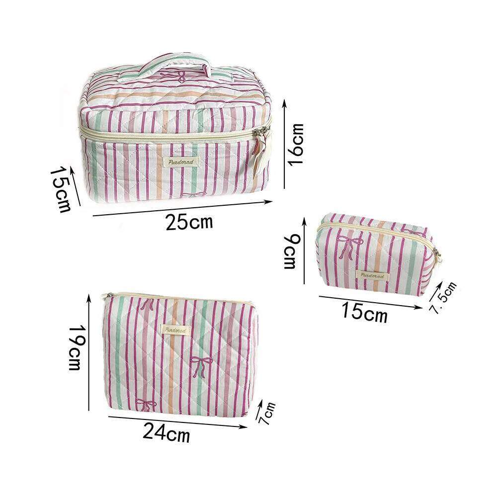 Personality Stripe Bowknot Women Cosmetic Portable Simple Quilting Bag Pouch Travel Large Capacity Makeup Storage Handbag Y260206