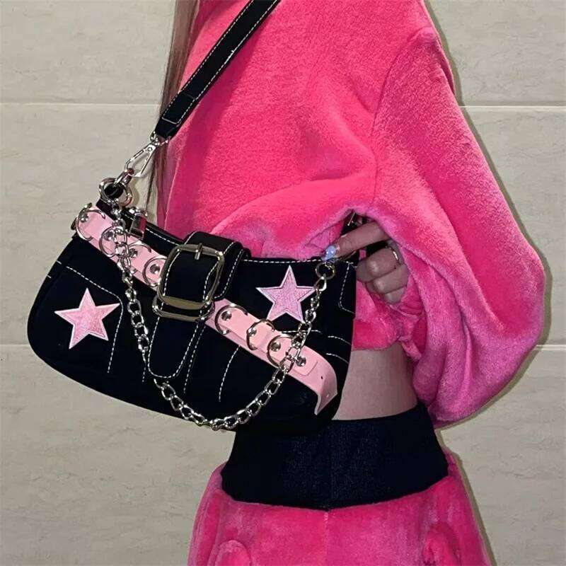 Ladies Y2k French Star Shoulder Pink Cool Hottie Underarm Fashion Hand Sweet Style Kawaii Small Bag Y260205