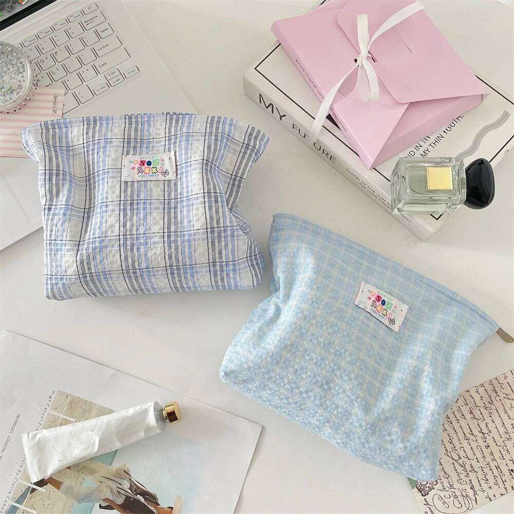 Fashion Plaid Cosmetic Portable Travel Toiletry Women Large Capacity Zipper Make Up Organizer Makeup Storage Bag Y260206