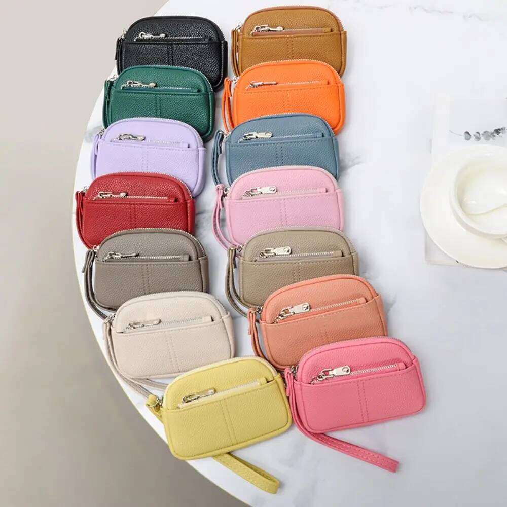 1Pc Portable PU Leather Women Mini Wallet Storage Solid Color Students Coin Purse Large capacity Zipper Wrist Key Bag Y260206
