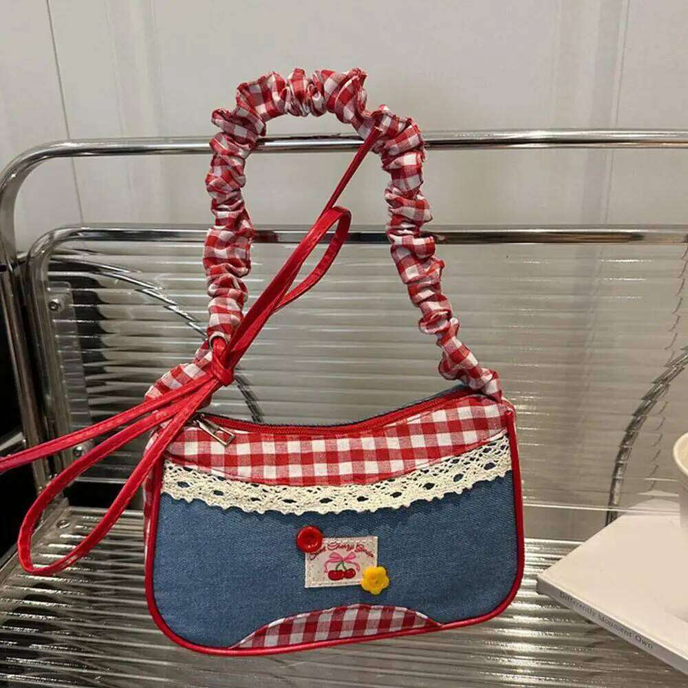 Lovely Lattice Shoulder Sweet Bow Denim Underarm Bag Fashion Pleated Drawstring Design Daily Commuting Handbag Z260207 - view 4