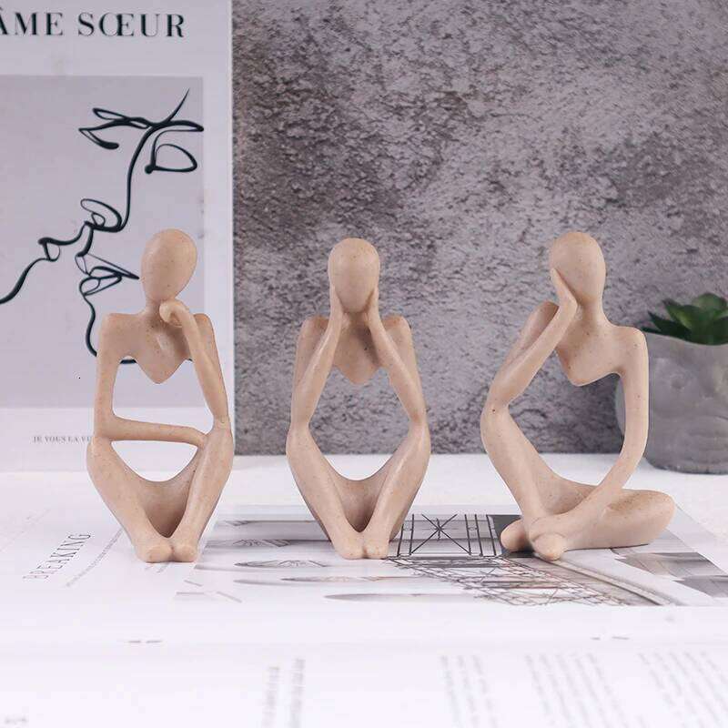 3-Piece Set Nordic Minimalist Sandstone Mini Thinker Sculpture - Home Decor Art Craft, Office Bookshelf, Bedroom Tabletop Decora S260204