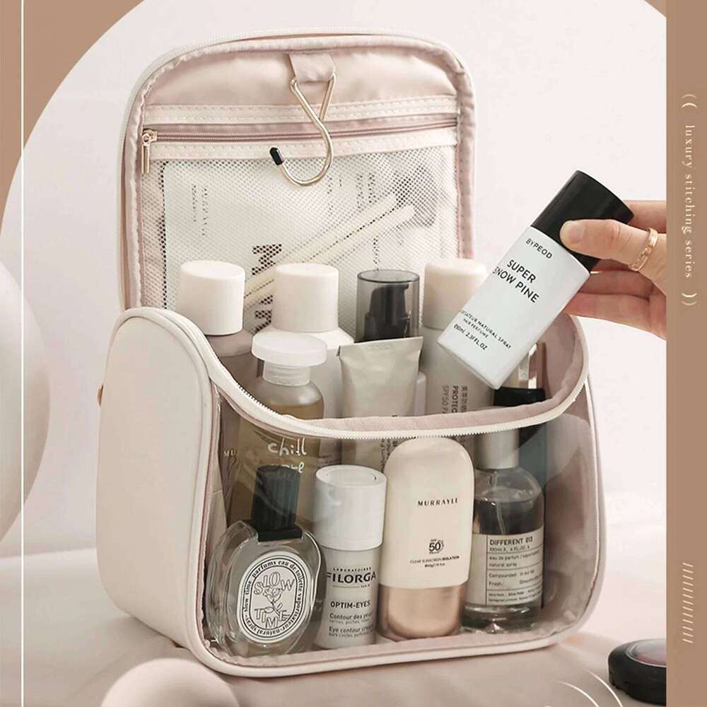Women Transparent Waterproof PVC Cosmetic Travel Toiletry Organizer Tote with Hook Makeup Storage Bag for Holiday Gifts Y260206